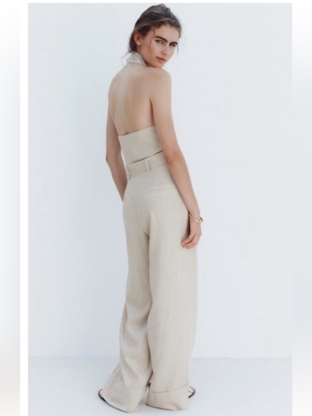 Zara Cream Halter Collared Belted Wide-Leg Jumpsuit - Picture 4 of 6